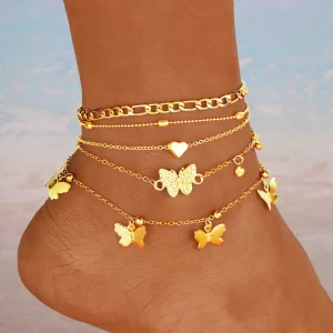 4-Piece Vacation Beach Butterfly Layered Anklet Set - Creative Beaded & Heart Chain Design