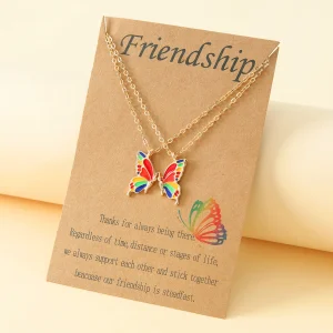 Friendship Necklace - Colorful Gold Butterfly 2-Piece Set, Alloy Enamel Butterfly Collarbone Chain, Women's Accessory