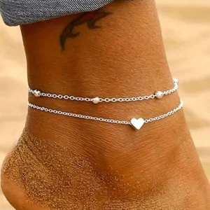 Silver Multi-Layered Anklet Set Bohemian StackedOval Satellite Beads Heart Shape Anklet Fashion Beach Surfer Jewelry Accessories